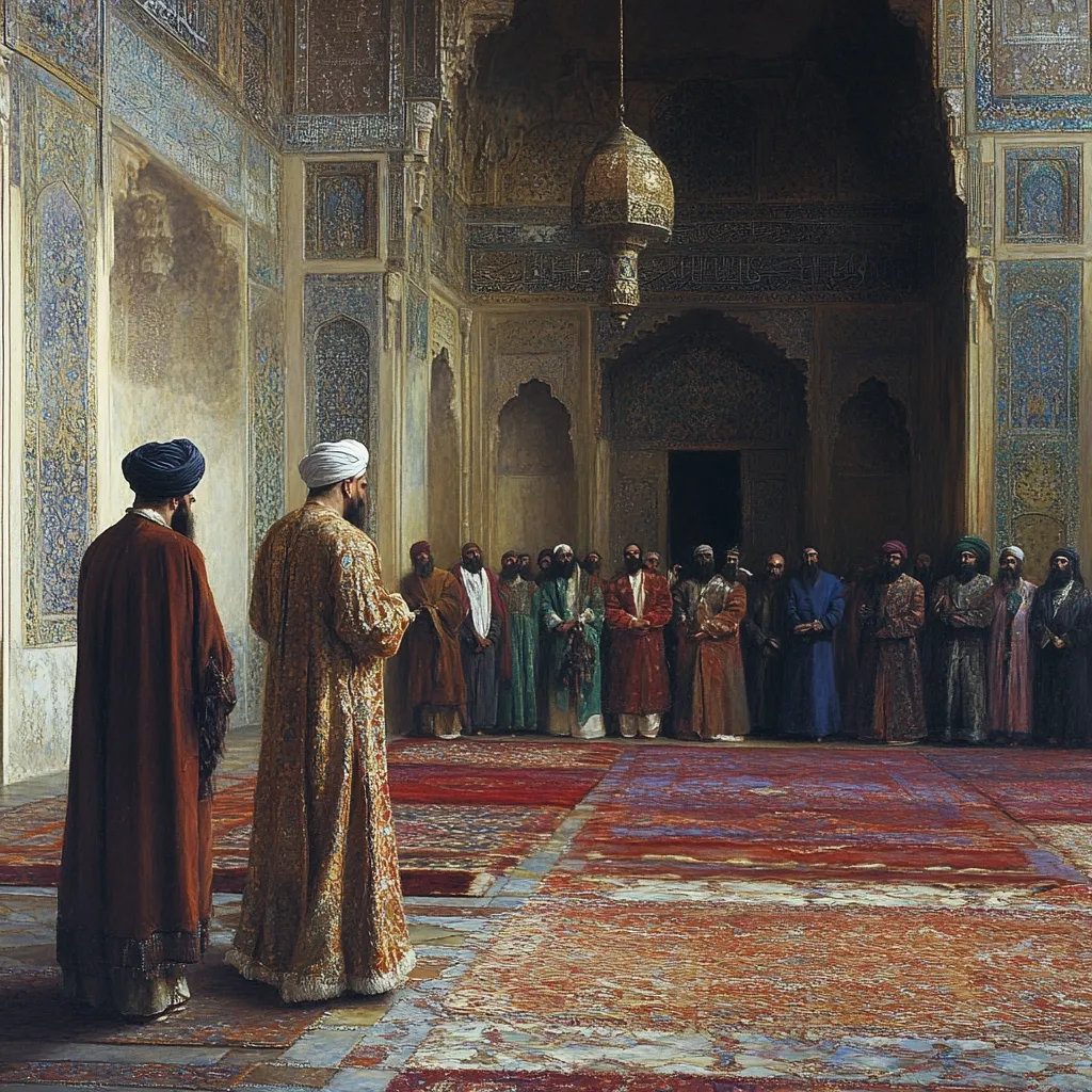 The painting depicts a scene within an ornate mosque. Two men in elaborate robes stand prominently in the foreground, facing a larger group of men dressed in various traditional garments.  The mosque's interior is richly decorated with intricate tilework and calligraphy. A large, ornate light fixture hangs from the ceiling. The overall atmosphere is one of quiet reverence and solemnity.
