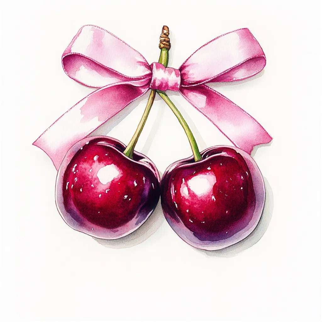 A watercolor painting depicts two ripe, dark red cherries tied together with a delicate pink ribbon bow. The cherries are glossy and plump, suggesting sweetness.  The contrast between the deep red of the fruit and the pale pink of the bow creates a visually appealing image. The stems are visible, adding to the realism of the artwork. The style is detailed and precise, showcasing the artist's skill with watercolor.