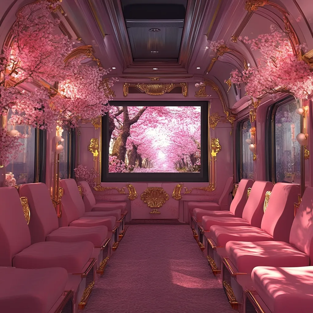 A luxurious train car interior is adorned in shades of pink.  Gold accents and ornate detailing create a lavish atmosphere.  Cherry blossom branches and a large screen depicting a cherry blossom tunnel enhance the romantic, springtime theme.  Rows of plush pink seating face each other, creating an intimate and elegant setting for passengers.  The overall aesthetic is opulent and dreamy.