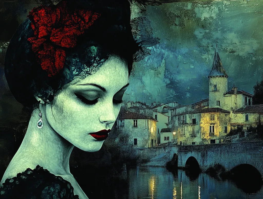 A digital painting depicts a woman with dark hair adorned with a red flower, gazing downward.  She wears a dark, lacy dress and an earring. The background is a moody nightscape of a quaint, stone bridge and buildings under a twilight sky, creating a melancholic and atmospheric scene. The woman's expression and the setting evoke a sense of mystery and longing.