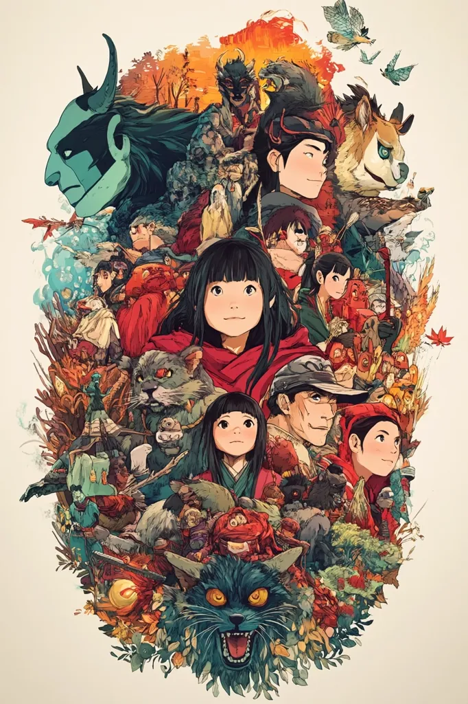 A vibrant illustration features a multitude of characters, both human and animal, clustered together.  Central figures include two young girls with dark hair, one in a red hooded cloak.  Surrounding them are a diverse cast, including a demonic-looking figure, wolf-like creatures, and various anthropomorphic animals. The style is reminiscent of Japanese anime and fantasy art, with autumnal colors and lush details throughout the composition.  The image is rich in texture and storytelling potential.
