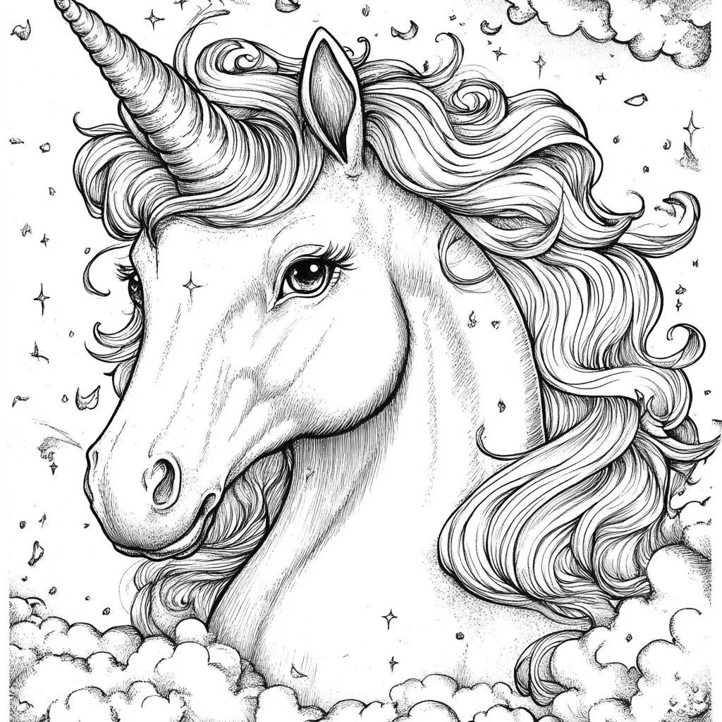 A detailed line drawing depicts a unicorn's head and neck, its long, flowing mane and tail rendered with intricate curls.  The unicorn's large, expressive eye and elegantly spiraled horn are prominent features.  The background suggests clouds and sparkling dust, enhancing the mystical atmosphere.  The style is reminiscent of fantasy art and coloring book illustrations.