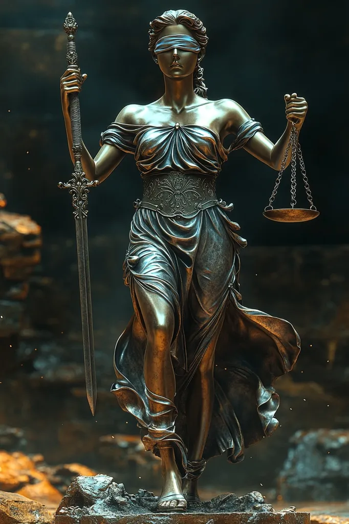 A bronze statue of Lady Justice, blindfolded, stands proudly.  She holds a sword in one hand and scales of justice in the other, symbolizing impartial judgment.  Her flowing robe and intricate details are beautifully rendered, set against a dramatic, dark background with fiery embers at her feet.  The statue evokes a sense of power and unwavering commitment to fairness.