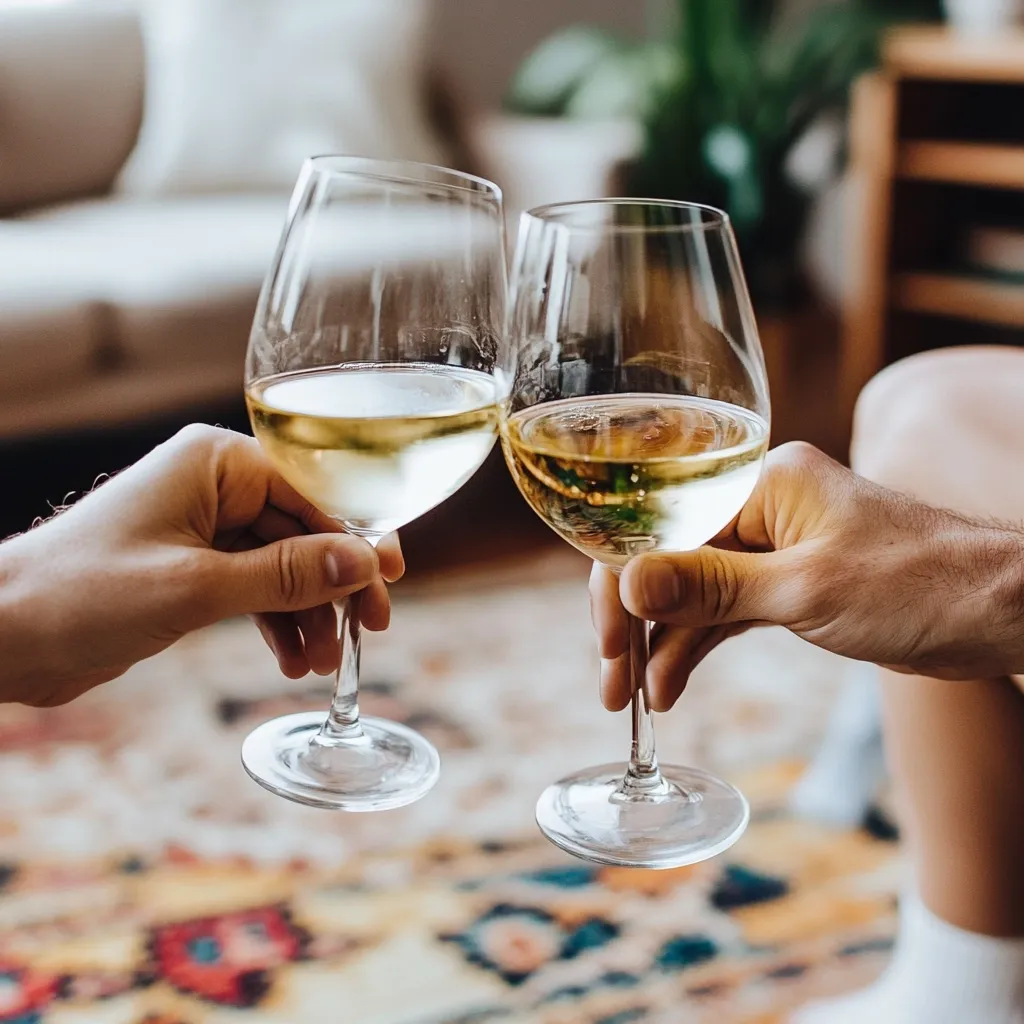 Two hands clink wine glasses filled with white wine.  The glasses are stemmed and partially filled, showcasing a golden hue. The background is blurred but shows a living room setting with a patterned rug and hints of furniture.  The focus is sharply on the glasses and hands, creating a feeling of intimacy and celebration.