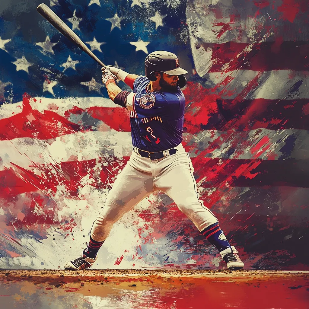 A dynamic digital painting depicts a baseball player in a powerful batting stance.  He's wearing a dark blue jersey with red and white accents, white pants, and a matching helmet.  The vibrant artwork features a stylized American flag backdrop, rendered with bold brushstrokes in red, white, and blue, creating an energetic and patriotic image.  The player is sharply focused, conveying intensity and action.