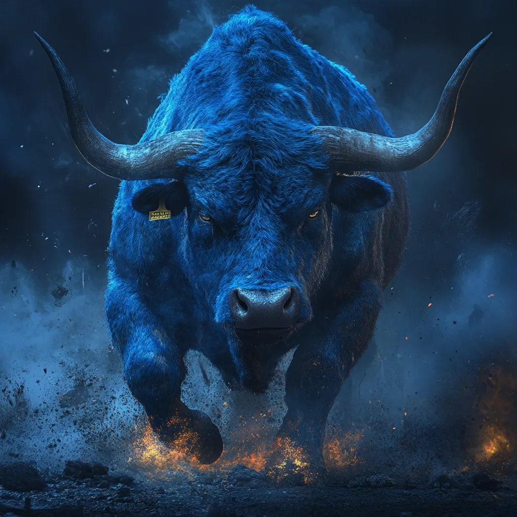 A majestic, vibrant blue bull with large horns charges forward, its hooves sparking flames against a dark, smoky backdrop.  The bull's intense gaze and powerful build convey strength and untamed energy.  A small tag is visible on its ear. The overall image is dramatic and visually striking, evoking a sense of raw power and impending impact.