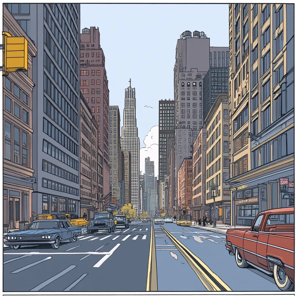 A meticulously detailed illustration depicts a city street, possibly New York, showcasing tall buildings lining both sides of a wide road.  Classic cars, including a yellow cab and a red vintage convertible, are parked and driving along the street. The style is reminiscent of a comic book or graphic novel, with a clear and crisp line art style.  The perspective leads the eye down the street towards towering skyscrapers in the distance under a partly cloudy sky.