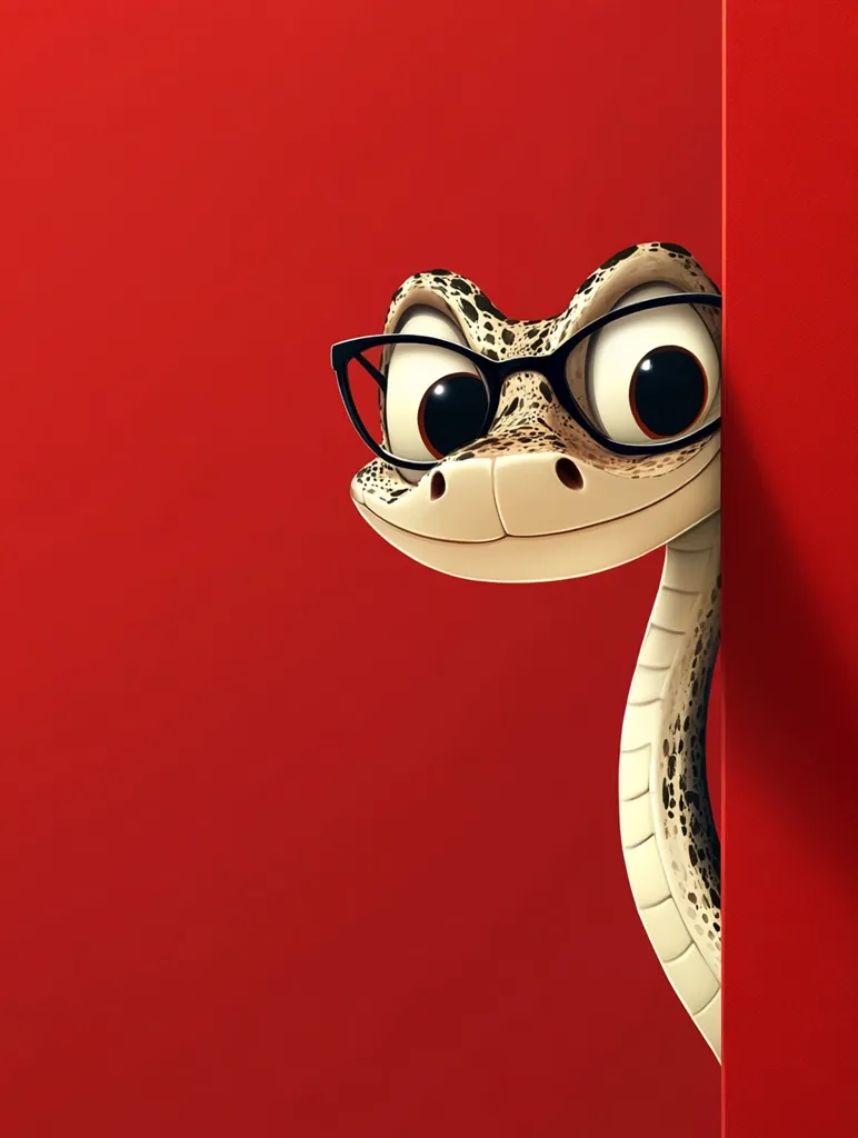 A cartoon snake, wearing glasses, peeks from behind a red wall.  Its head and upper body are visible, showing a speckled pattern.  The snake has large, expressive eyes, and a friendly expression. The overall style is playful and cute, suitable for children's media or branding. The red background provides a bold contrast to the snake's light coloring.