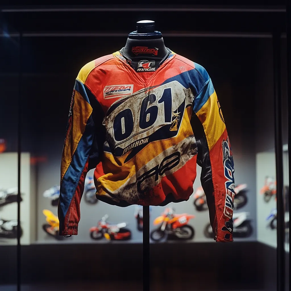 A vintage motocross jersey, number 061, is displayed on a mannequin.  The jersey is predominantly red, yellow, and blue, showing signs of wear and dirt, suggesting use in competition.  Blurred in the background are several motocross bikes, creating a museum or exhibition setting. The image emphasizes the jersey's history and condition.