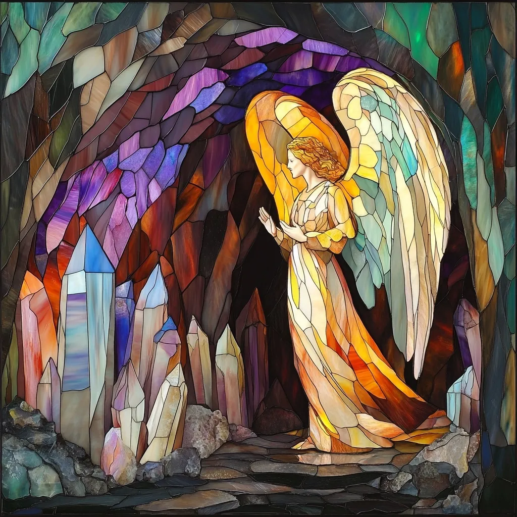 A stunning stained-glass artwork depicts an angel with large, multicolored wings standing within a crystalline cave. The angel, rendered in warm yellows and oranges, is portrayed in a graceful pose, seemingly reverent. The cave walls are a mosaic of deep purples, browns, and greens, contrasting with the brilliantly colored crystals that rise from the ground.  The overall effect is one of ethereal beauty and spiritual significance.