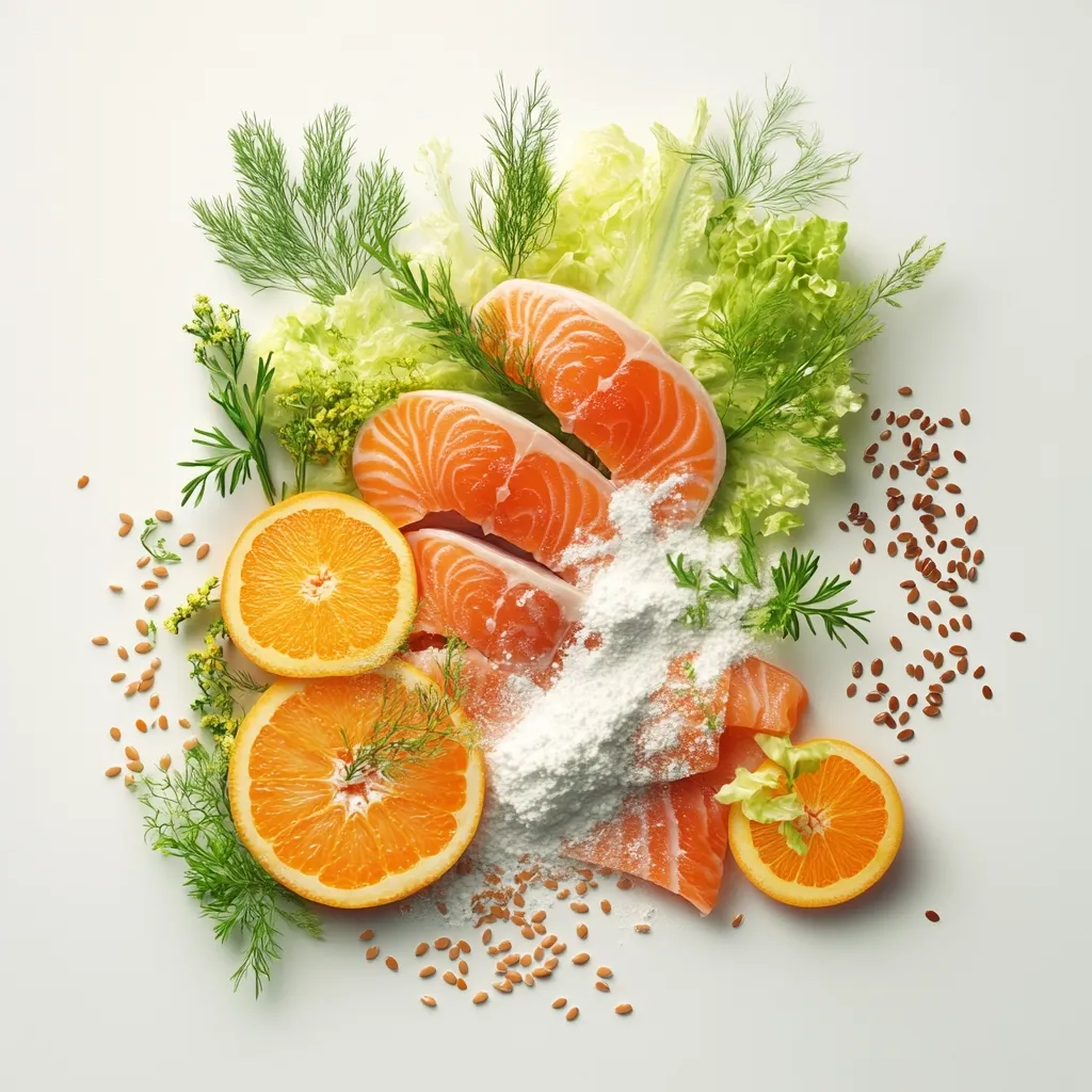A vibrant flat lay showcases salmon fillets dusted with flour, surrounded by fresh oranges, herbs like dill and fennel, lettuce, and flax seeds.  The arrangement suggests a healthy and nutritious meal, emphasizing the combination of protein, vitamins, and healthy fats.  The white background enhances the colors of the food.