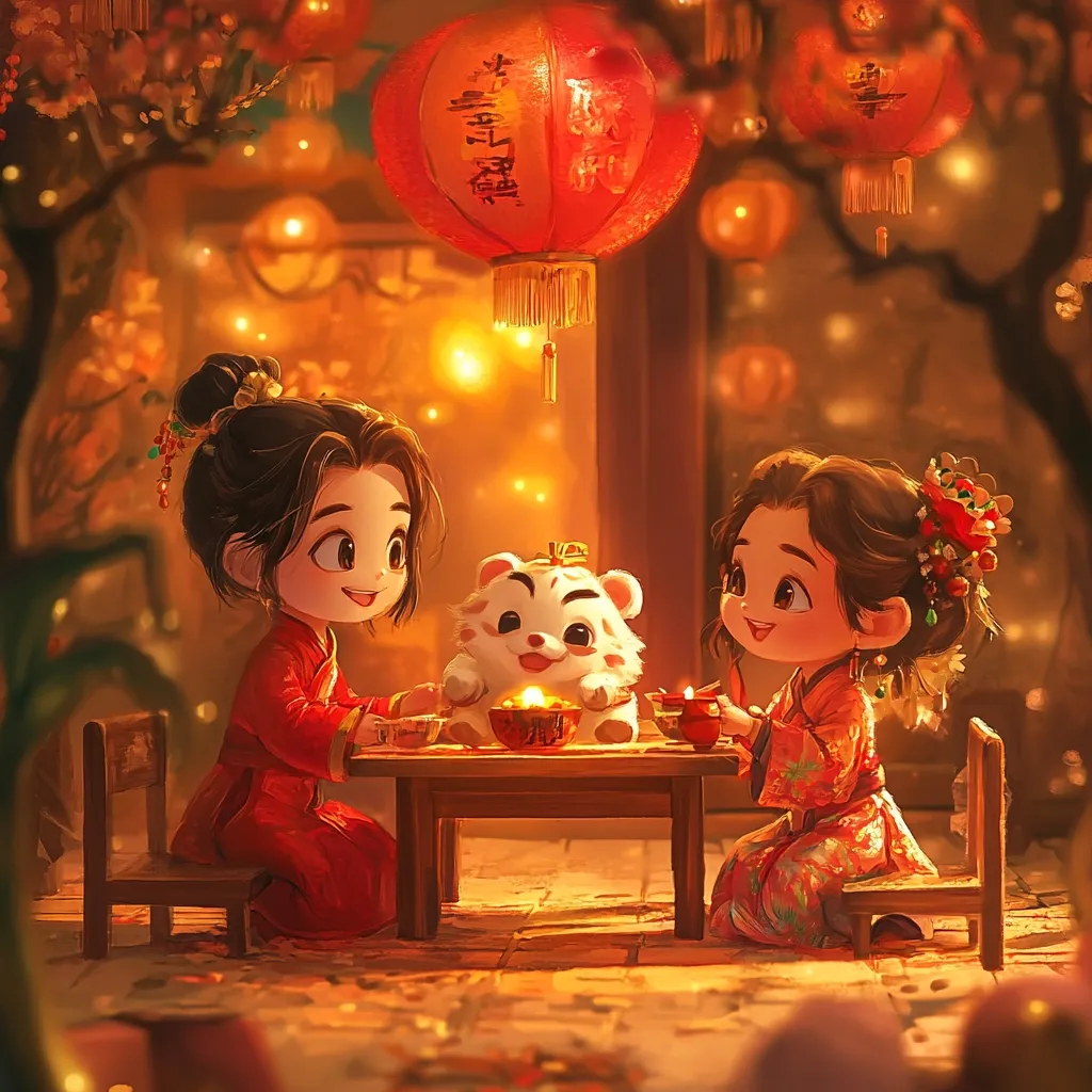 Two adorable chibi girls, dressed in traditional Chinese attire, sit at a small table.  A cute white tiger cub sits between them, a small candle illuminating the scene.  Warm, golden light emanates from lanterns hanging overhead, creating a festive and magical atmosphere. The girls appear to be enjoying tea and the company of the animal.  The overall style is whimsical and charming, reminiscent of Chinese New Year celebrations.