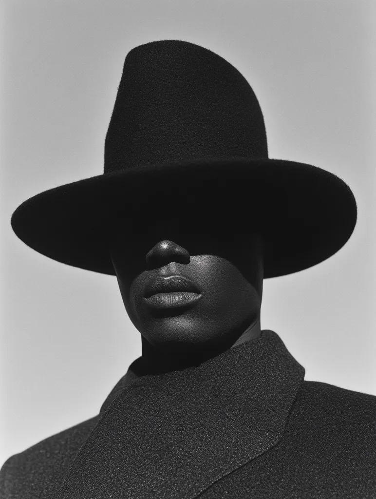 A black and white close-up portrait of a person wearing a wide-brimmed black hat and a textured black coat. The hat casts a shadow over the person's eyes, emphasizing their dark skin and lips. The image is stark and dramatic, with a strong contrast between light and shadow. The overall mood is serious and contemplative.