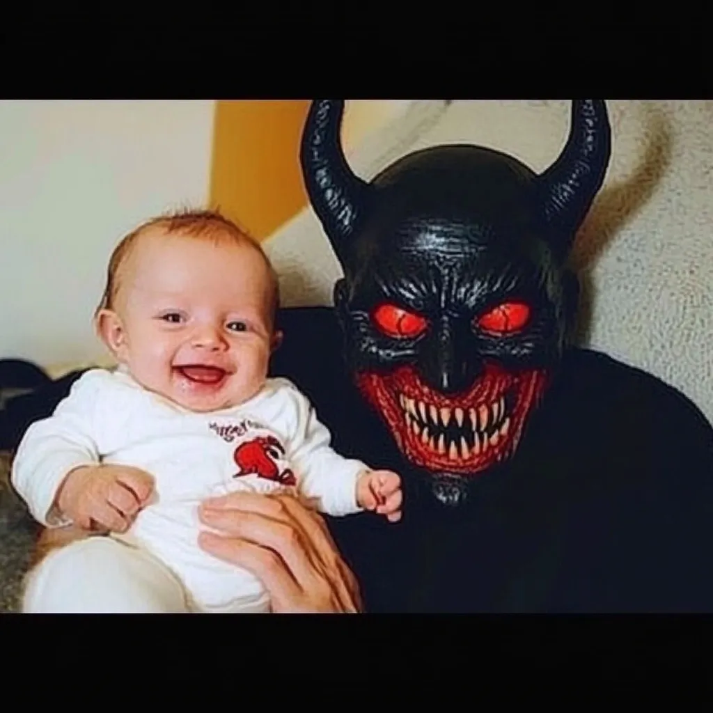 A smiling baby is held by a person wearing a demonic mask.  The mask is black with red eyes and sharp teeth. The contrast between the baby's innocence and the mask's frightening appearance creates a surreal and slightly unsettling image.  The photo's setting appears to be a home environment.