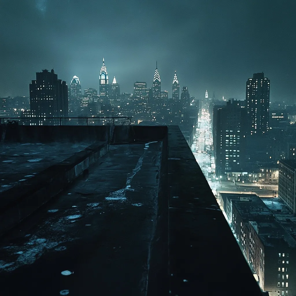 A nighttime cityscape view from a rooftop.  The Philadelphia skyline is visible in the distance, its illuminated skyscrapers standing out against the dark, hazy sky.  The foreground features a dark, textured rooftop, leading the eye towards the city lights stretching down a long avenue. A moody, atmospheric scene of urban night.