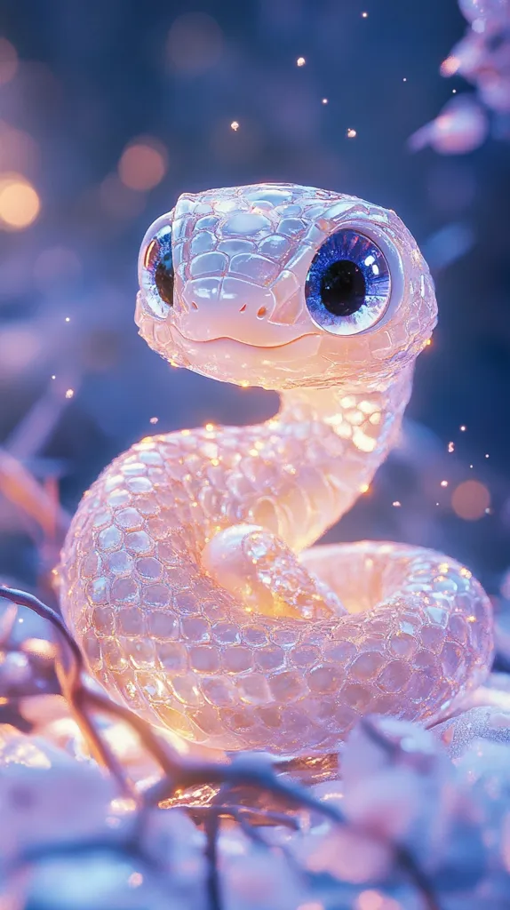 A cute, cartoonish rendering of a snake.  Its body is translucent white, seemingly made of glass or ice, glowing softly with internal light.  Large, expressive blue eyes add to its charming appearance.  The snake is coiled gently amongst blurry, out-of-focus elements suggesting a snowy or frosty environment.  The overall aesthetic is whimsical and magical.