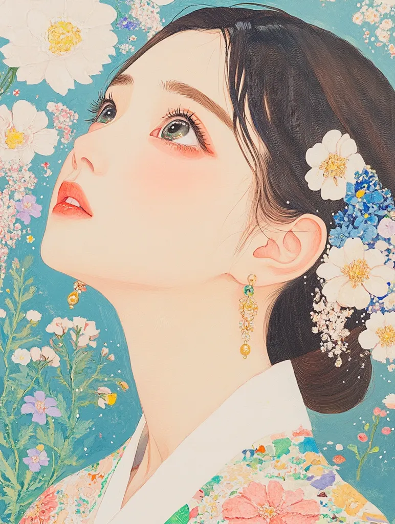 A dreamy portrait of a young woman, her face delicately painted with soft colors and expressive eyes gazing upward.  She's adorned with delicate floral earrings and her hair is styled elegantly, with flowers woven into her dark locks. She wears a pastel floral hanbok, the traditional Korean dress,  against a serene teal background speckled with blossoms. The overall style is soft, romantic, and evokes a sense of calm beauty.