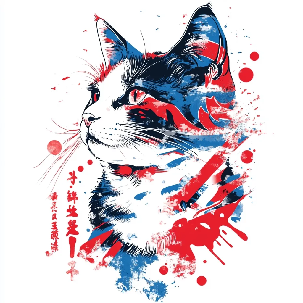 A stylized illustration of a calico cat's head and shoulders, rendered in bold black and white line art.  Vibrant splashes of red and blue paint are layered over the cat, creating a dynamic and expressive effect. The artwork is set against a white background and features a vertical line of Asian characters on the lower left. The overall style is bold, graphic, and modern.