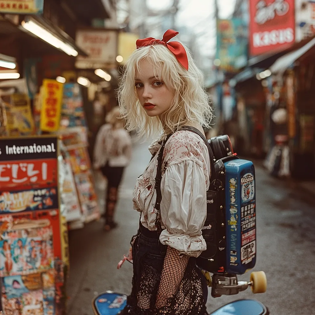 A young woman with blonde, wavy hair and a red bow headband stands on a street in Japan. She wears a loose, off-white blouse, black lace skirt, fishnet stockings, and a backpack attached to a skateboard. The background is blurred, showcasing a vibrant street market with colorful signage and various people. Her expression is serious, her gaze directed slightly away from the camera.  The overall aesthetic is vintage and slightly edgy.