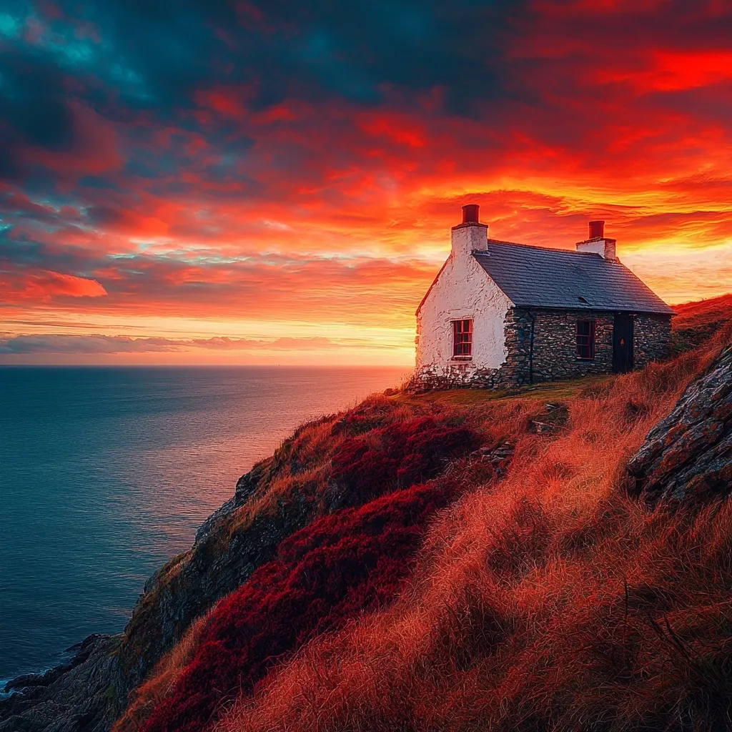 A small stone cottage stands on a cliff overlooking a vast ocean.  The sky blazes with vibrant orange and red hues of a dramatic sunset, casting a warm glow on the landscape.  Reddish-brown grasses and shrubs cover the cliff face, contrasting with the whitewashed walls of the isolated dwelling.  The scene evokes a sense of tranquility and solitude.