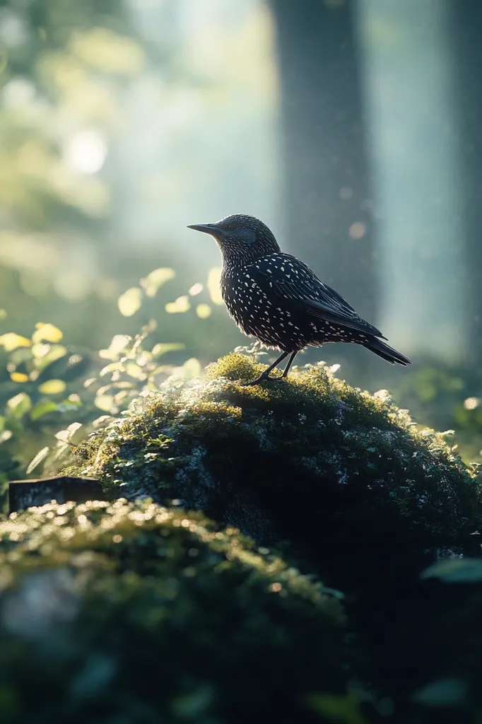 A speckled starling perches on a moss-covered rock, bathed in the soft light of dawn.  The bird is sharply in focus against a blurred background of lush green forest, creating a serene and peaceful atmosphere.  Sunlight filters through the trees, illuminating the starling and highlighting its intricate markings. The scene evokes a sense of tranquility and the beauty of nature.