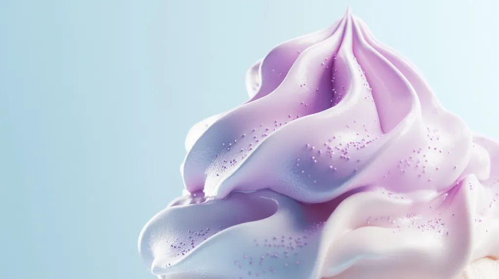 A close-up shot reveals a delectable swirl of light purple frosting, adorned with tiny purple sprinkles. The frosting's texture is smooth and creamy, with soft, undulating peaks.  The pastel color and delicate details create a visually appealing image suggestive of sweetness and indulgence.  The background is a soft, light blue, enhancing the frosting's vibrant hue.