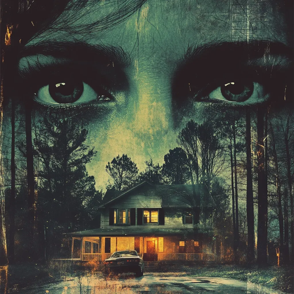 A movie poster featuring a woman's intense eyes dominating the top half.  Below, a secluded two-story house glows warmly in the twilight, nestled amongst tall, dark trees.  The overall atmosphere is eerie and suspenseful, hinting at a psychological thriller or horror film set in a rural, isolated location. A car sits parked in the driveway.
