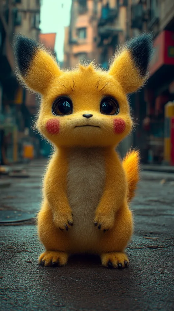 A digitally rendered Pikachu sits on a dark, textured surface.  Its large, expressive eyes and fluffy yellow fur are highly detailed. The background is blurred, showing an out-of-focus urban alleyway.  The Pikachu's pose is upright and its expression is somewhat pensive, creating a cute and slightly melancholic image.  The overall style is realistic yet maintains the character's iconic features.