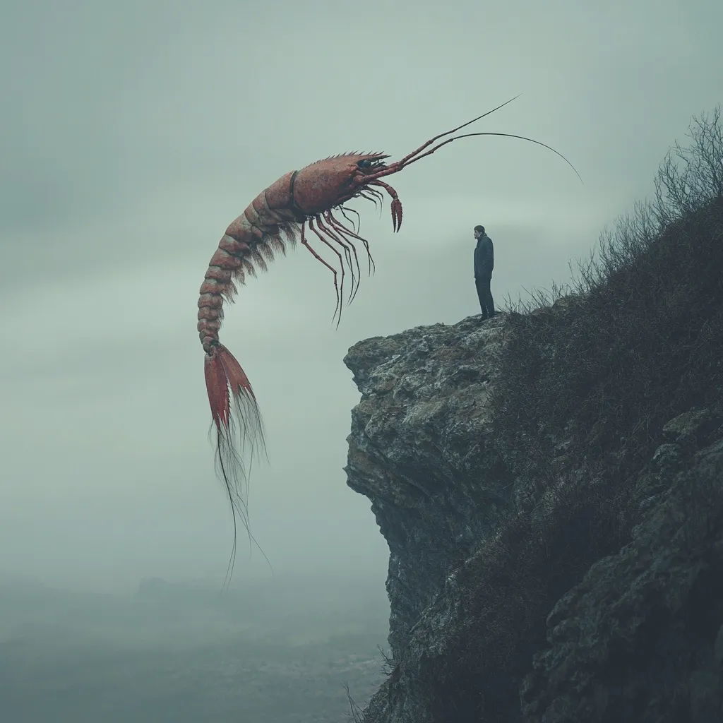 A surreal image depicts a gigantic shrimp hovering over a lone figure standing on a cliff edge.  The scene is shrouded in mist, creating an eerie atmosphere. The shrimp's size dwarfs the man, emphasizing a sense of scale and potential threat. The overall mood is one of mystery and isolation, suggesting a confrontation between man and nature's unpredictable forces.  The muted color palette adds to the somber tone.
