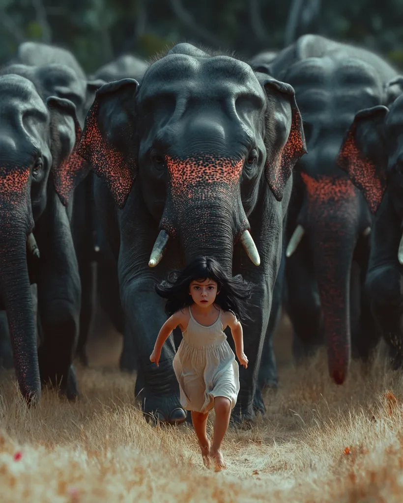 A young girl with dark hair runs through tall grass, pursued by a herd of majestic black elephants.  The elephants are strikingly large and dark, with distinctive orange markings on their ears. The scene is dramatic, suggesting a chase or perhaps a journey. The girl's determined expression adds to the intensity of the image.