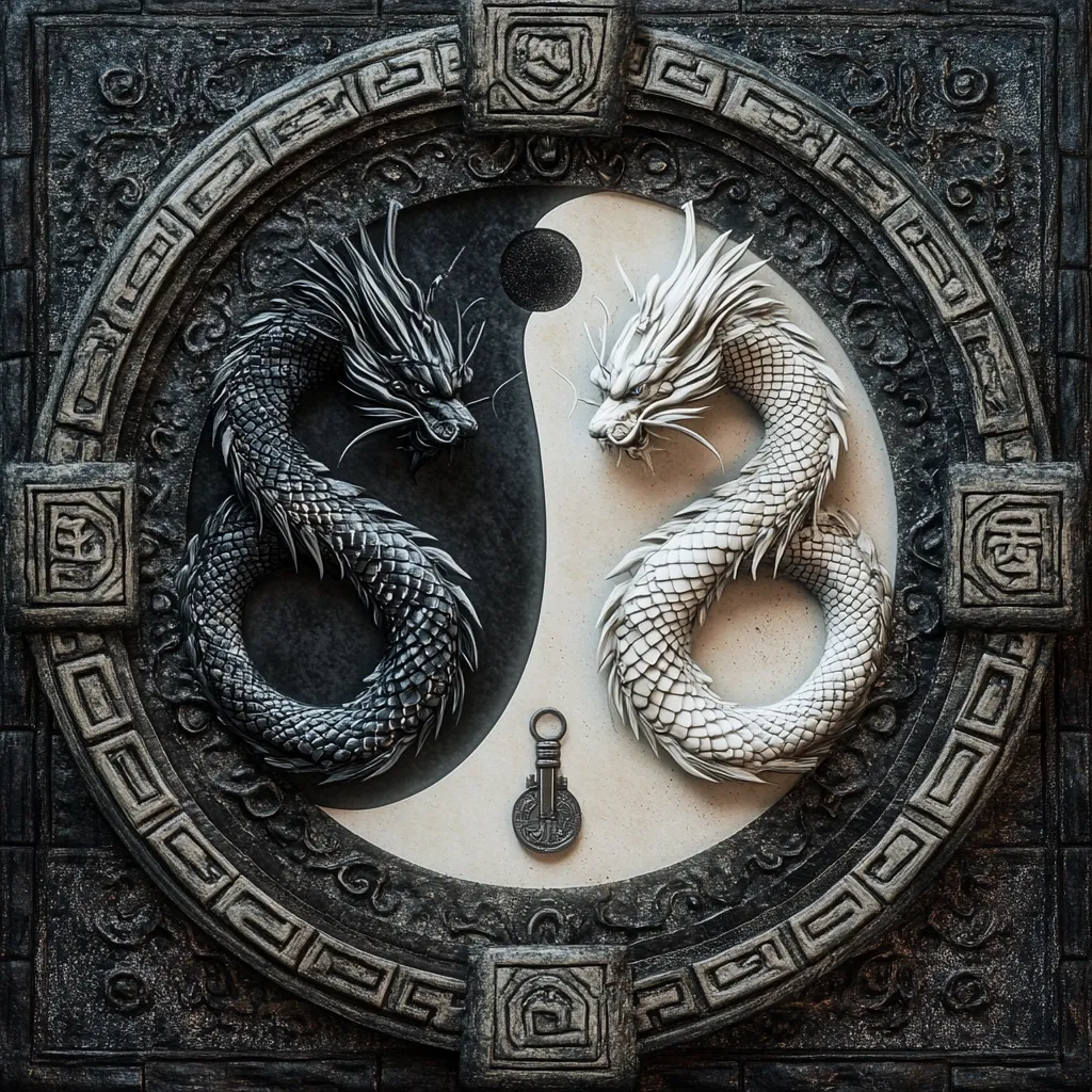 A detailed digital artwork depicts a yin-yang symbol intricately carved into stone.  A black and white dragon respectively curl around each half of the symbol, their scales meticulously rendered.  The stonework features ornate Chinese-style borders and corner pieces, giving it an ancient, temple-like feel. A small, ornate key or pendant lies at the center of the yin-yang. The overall effect is one of balance, duality, and ancient power.