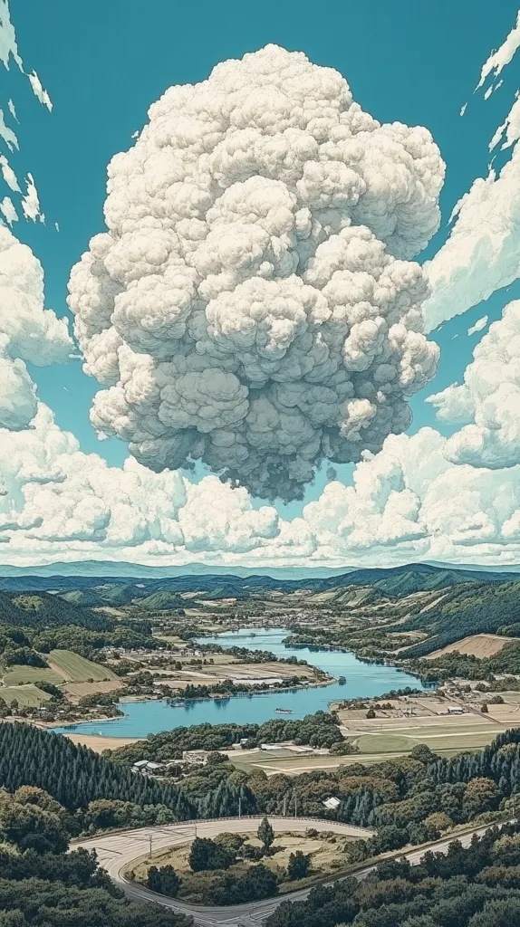 A massive cumulus cloud dominates a vibrant blue sky, casting a soft shadow over a picturesque landscape below.  The scene showcases a tranquil valley with a winding river, dotted with farms and lush green forests.  The contrast between the immense cloud and the peaceful valley creates a dramatic yet serene image.  The style suggests a digital painting or illustration.