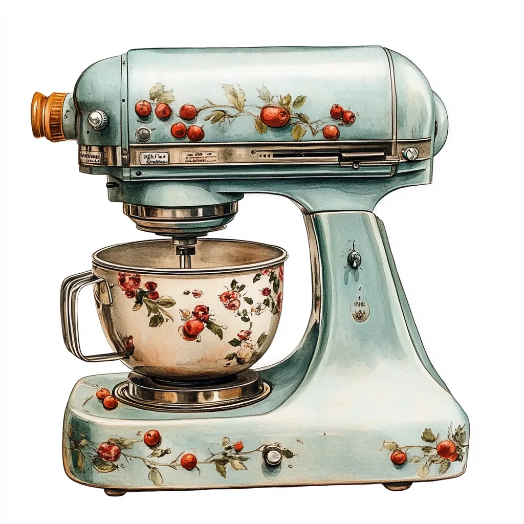 A watercolor painting depicts a vintage-style stand mixer in a pale teal color.  The mixer is adorned with a delicate floral design featuring red berries and leaves painted on its body and base.  A matching floral mixing bowl sits in place. The image is clean and showcases the detailed artistry of the illustration against a white background.  The overall aesthetic is charming and reminiscent of a vintage kitchen.