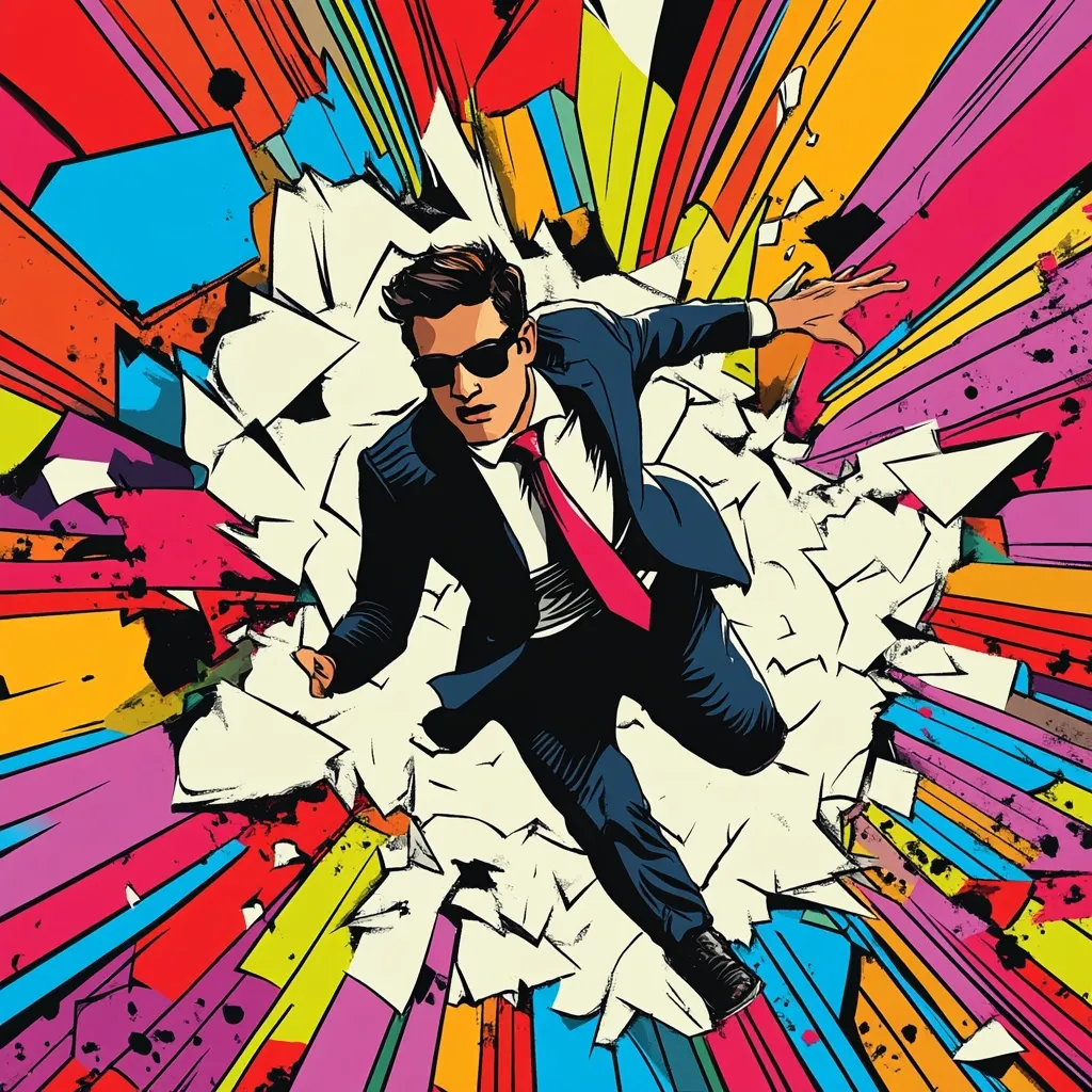 A stylized illustration depicts a man in a suit and sunglasses bursting through a vibrant, comic-book-style explosion of color and energy.  He's mid-leap, arms outstretched, suggesting dynamism and breaking free.  The background is a chaotic mix of bright, radiating lines and shapes, creating a sense of speed and power. The overall aesthetic is bold and graphic, reminiscent of pop art.