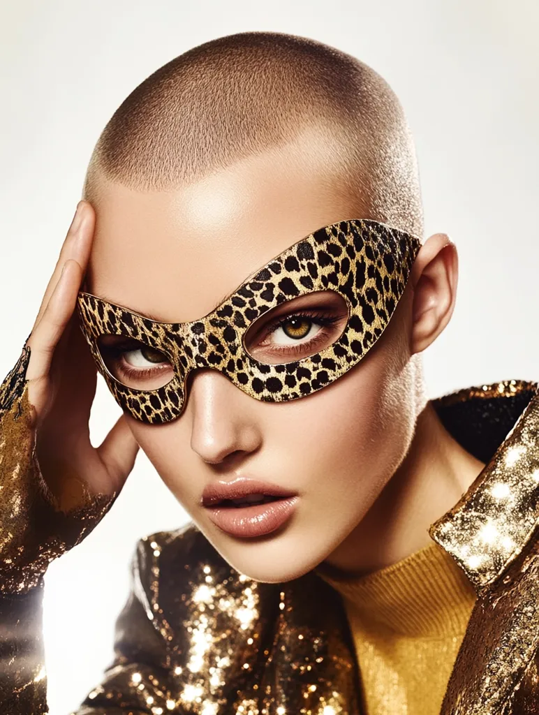 A close-up shot of a young woman with a shaved head, wearing a leopard-print mask and a gold sequined jacket.  Her hand gently rests on the side of her face. The image is sharply focused, highlighting her makeup and the textures of her clothing and the mask. The background is a soft, light beige. The overall impression is one of edgy glamour and bold style.