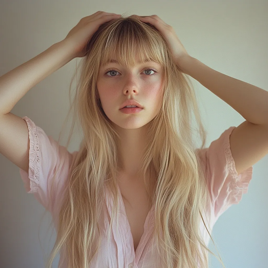 A young woman with long, blonde hair and bangs gently holds her hair behind her head. She is wearing a light pink, short-sleeved blouse. Her expression is serene, and she gazes directly at the camera. The soft lighting and muted background emphasize her delicate features and fair complexion.  The overall aesthetic is soft, feminine, and slightly dreamy.