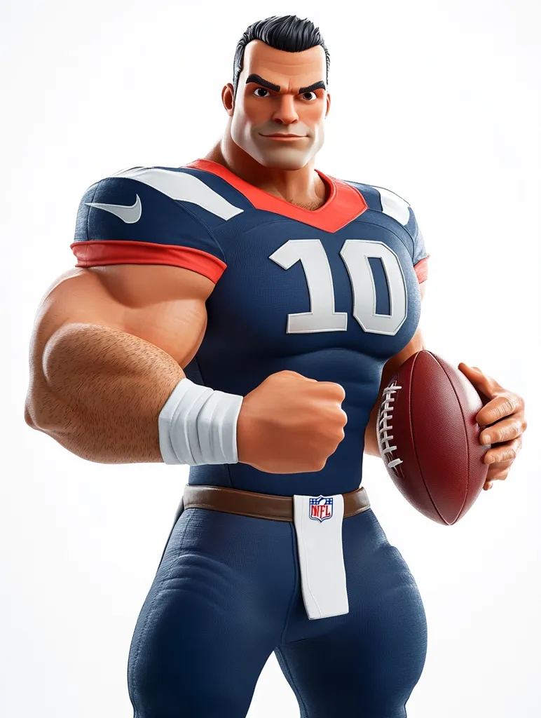 A stylized, muscular cartoon depiction of an American football player.  He's wearing a navy blue jersey with the number 10, white pants, and a brown belt with an NFL logo.  His powerful physique and serious expression convey strength and determination. He holds an American football in his right hand.  The Nike swoosh is visible on his shoulder.  The image is clean and brightly lit, against a white background.