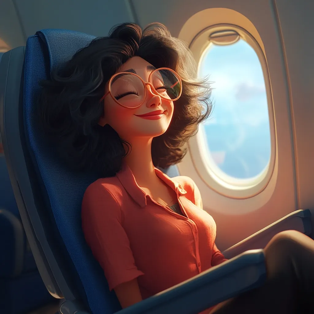 A stylized illustration depicts a smiling woman with dark curly hair and round glasses, relaxing in an airplane seat.  Sunlight streams through the porthole window, illuminating her serene expression.  She's wearing a coral-colored blouse, and her posture suggests comfort and contentment during her flight. The overall style is vibrant and digitally rendered, creating a cheerful and calming scene.
