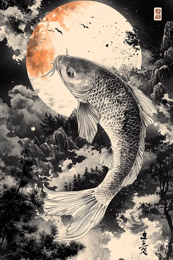 A large koi fish leaps against a backdrop of a large, orange moon and a dramatic, mountainous landscape.  Rendered in a style reminiscent of traditional Japanese art, the image uses shades of grey and sepia, creating a sense of depth and tranquility.  The fish's scales and fins are meticulously detailed, contrasting with the softer washes of the background.  Birds fly across the moon, adding to the serene and mystical atmosphere.