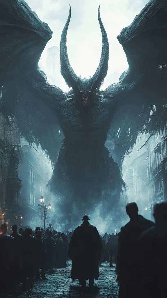 A colossal, demonic creature with large horns and leathery wings looms over a city street.  Its menacing presence fills the frame, dwarfing the crowd of silhouetted figures below.  A lone individual in a long coat stands facing the beast, creating a stark contrast between insignificance and overwhelming power. The scene is dark and atmospheric, suggesting impending doom.