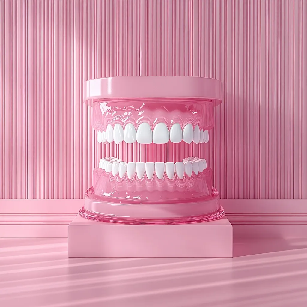 A pink dental model with a full set of gleaming white teeth sits on a pink pedestal against a pink striped backdrop.  The image is stylized, with a clean, modern aesthetic, emphasizing the bright, healthy teeth.  The overall tone is playful and suggestive of dental health and cosmetic dentistry.