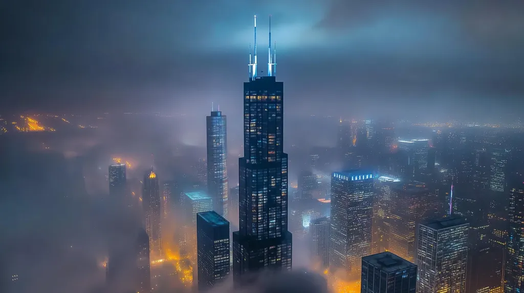 A breathtaking night view of Chicago's skyline, shrouded in a thick fog.  The Willis Tower, illuminated, pierces the misty atmosphere, its spire reaching towards the dark sky.  Surrounding skyscrapers are speckled with warm city lights, creating a dramatic contrast against the cool-toned fog.  The scene is a captivating blend of urban grandeur and atmospheric mystery.
