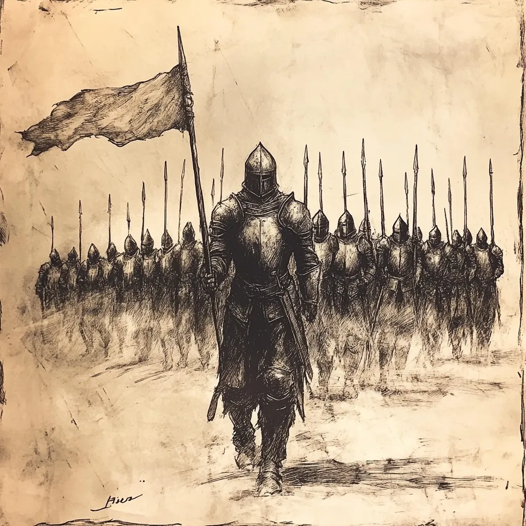 A heavily armored knight leads a large army of soldiers, each carrying a spear.  The knight carries a standard with a dark, possibly black, flag. The style is reminiscent of a medieval illustration or etching, with sepia tones and textured paper effects creating an aged, historical feel. The scene suggests a march or approach to battle.