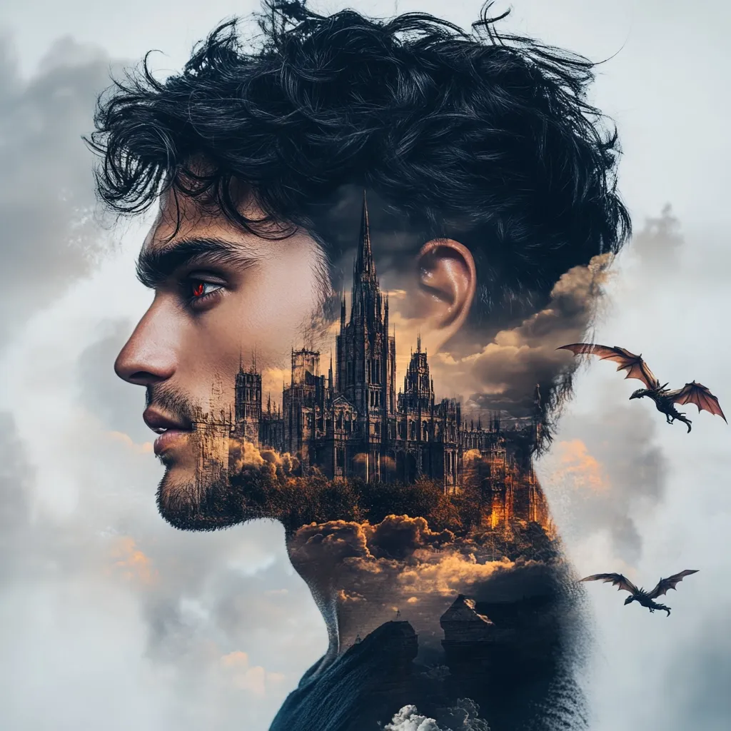 A profile portrait of a man with dark, curly hair.  His face is a double exposure, overlaid with a dark, gothic castle nestled in clouds, flanked by two dragons in flight.  One dragon is near his ear, the other below his shoulder. The man's red eye adds to the fantastical, almost surreal, quality of the image. The overall effect is mysterious and dramatic.