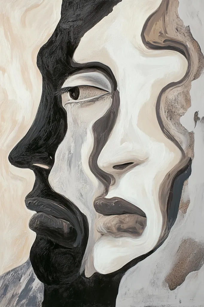 An abstract portrait in muted tones of black, white, and beige depicts two faces, one darker and one lighter, merging and overlapping.  The style is painterly, with visible brushstrokes creating a sense of fluidity and movement between the forms.  The eyes are subtly expressive, while the mouths are partially obscured, suggesting a complex interplay of emotion and identity. The background is a textured, neutral wash.