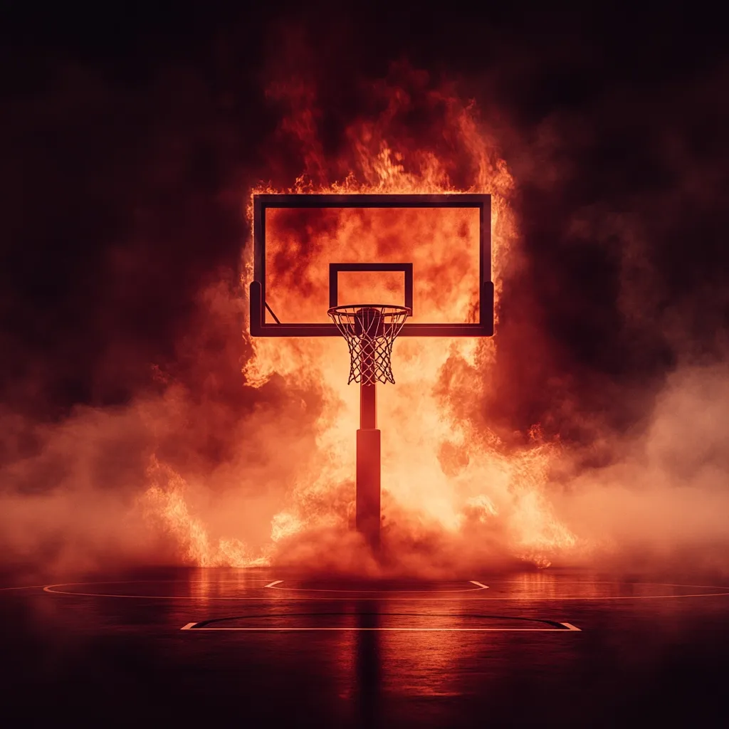 A basketball hoop is engulfed in flames, set against a dark, smoky background.  The fire illuminates the backboard and net, creating a dramatic and intense visual.  The scene is surreal, suggesting a powerful, perhaps destructive, force related to the game of basketball. The court's lines are visible in the foreground, emphasizing the contrast between the fiery hoop and the otherwise empty court.