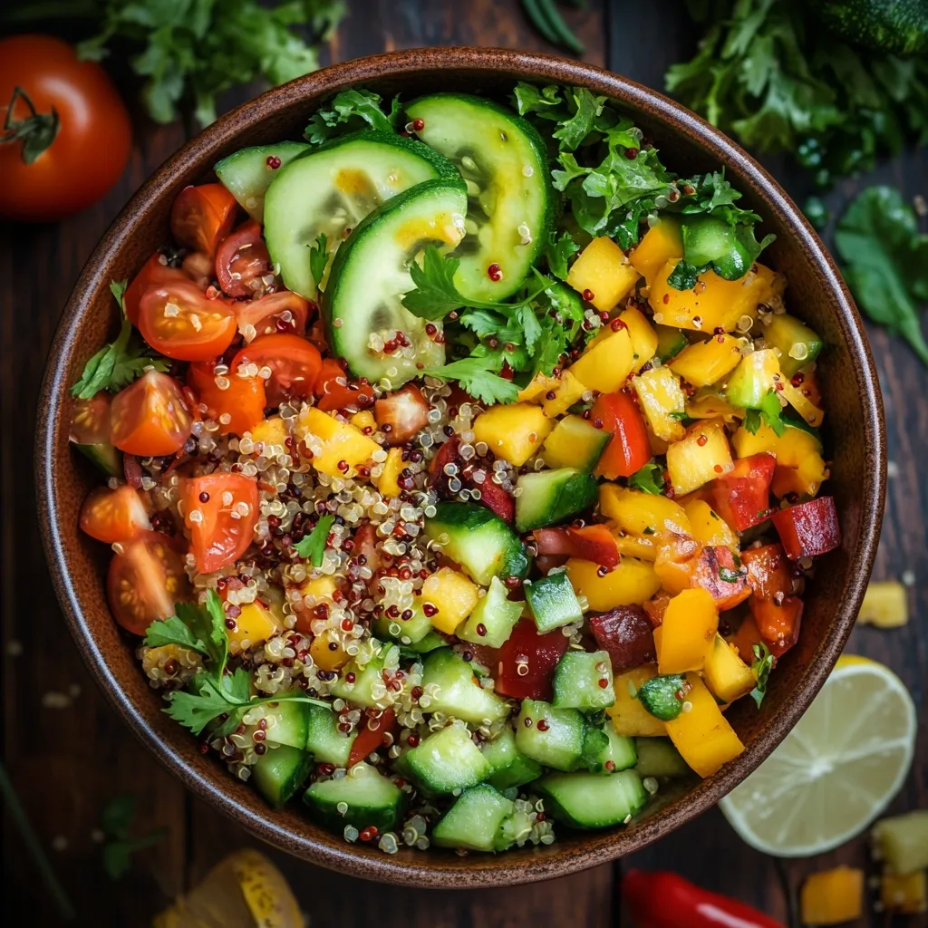 A vibrant quinoa salad is presented in a rustic bowl.  The colorful mix includes red and yellow bell peppers, cherry tomatoes, cucumbers, and fresh cilantro, all tossed with quinoa.  The ingredients are arranged attractively, showcasing the freshness and variety of the healthy dish. The bowl sits on a dark wooden surface, alongside additional vegetables and a lemon.