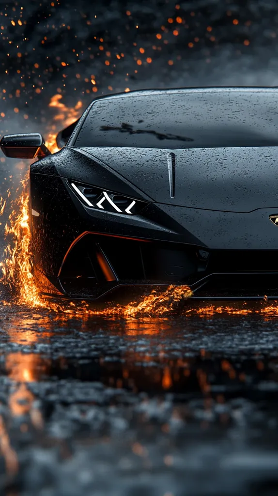 A black Lamborghini Huracán, drenched in rain, speeds through the night.  Flames erupt from its tires, leaving a fiery trail on the wet asphalt.  Sparks and embers dance in the air, creating a dramatic and intense visual spectacle. The car's sleek, powerful design is highlighted by the contrasting elements of fire and water.