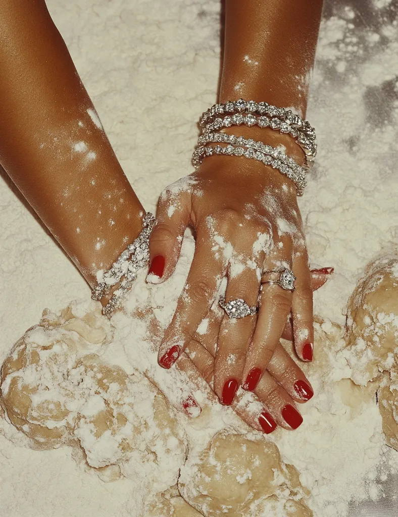 Close-up of sun-kissed hands adorned with multiple diamond bracelets and rings, kneading dough covered in flour.  Red nail polish contrasts against the white flour and sparkling jewelry. The image conveys a luxurious juxtaposition of opulence and domesticity.