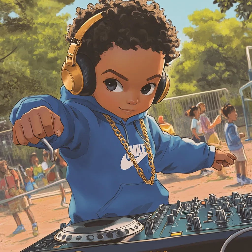 A stylized illustration of a young Black boy, wearing gold headphones and a blue Nike hoodie, confidently mixes music on a DJ turntable.  He sports a gold chain and his large eyes and expressive pose convey a sense of playful energy.  Other children are visible in the background, playing in a park setting. The overall style is vibrant and cartoonish.